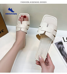 Summer Women's Sandals Summer Style Fashion PU Leather Simple Casual Women's Slippers Solid Color Women's Slippers